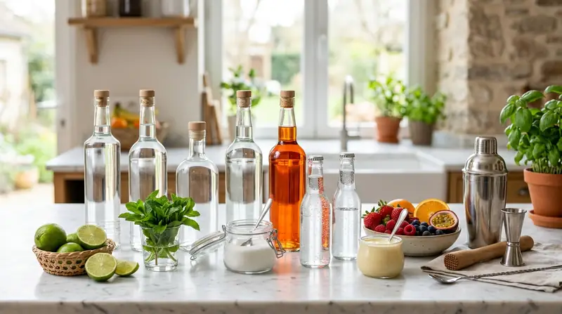 Light kitchen counter with five unlabeled bottles, limes, mint, sugar, tonic water, sparkling water, condensed milk and fruit