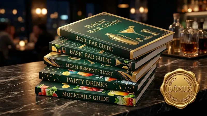 A stack of guides with green and gold covers — Basic Bar Guide, Measurement Chart, Party Drinks and Mocktails Guide — next to a gold Bonus seal, on a marble bar counter
