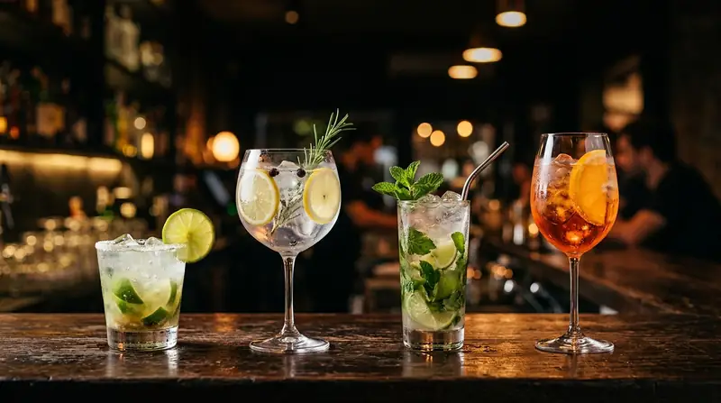 Caipirinha, gin and tonic with rosemary, mojito and aperol spritz side by side on a bar counter under warm light