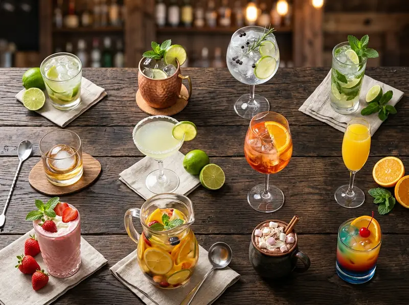 Wooden table seen from above with 12 different drinks: caipirinha, moscow mule, gin and tonic, mojito, whiskey, margarita, aperol spritz, mimosa, strawberry blended drink, fruit pitcher, hot chocolate and a mocktail