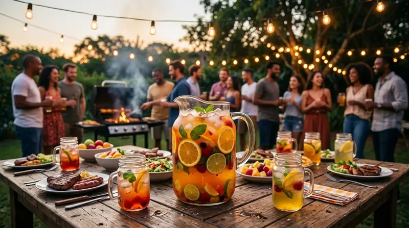 Large pitcher of fruit punch with ice on a barbecue table at dusk, with friends chatting in the background under string lights