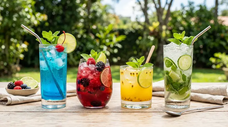 Four colorful alcohol-free drinks — blue, mixed berry, passion fruit and a virgin mojito — on an outdoor table