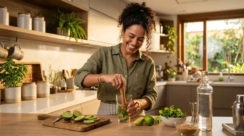 Smiling woman muddling lime and mint in a glass in her home kitchen