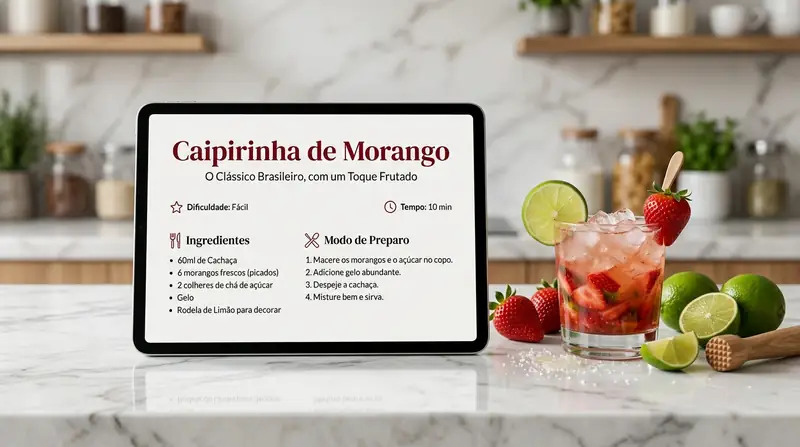 Tablet on a marble countertop showing the Strawberry Caipirinha recipe page, with ingredients, measurements and numbered instructions