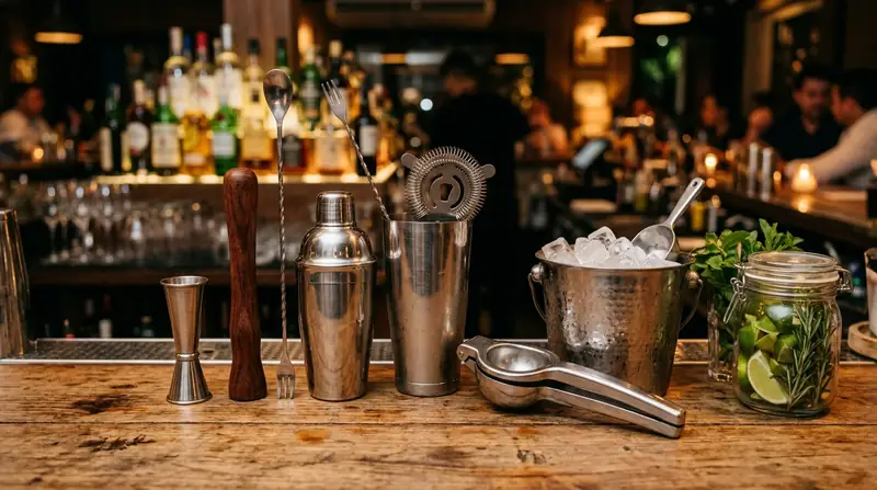 Bartender tools lined up on a wooden counter: jigger, muddler, bar spoon, cocktail shaker, strainer, juicer, ice bucket and a glass jar